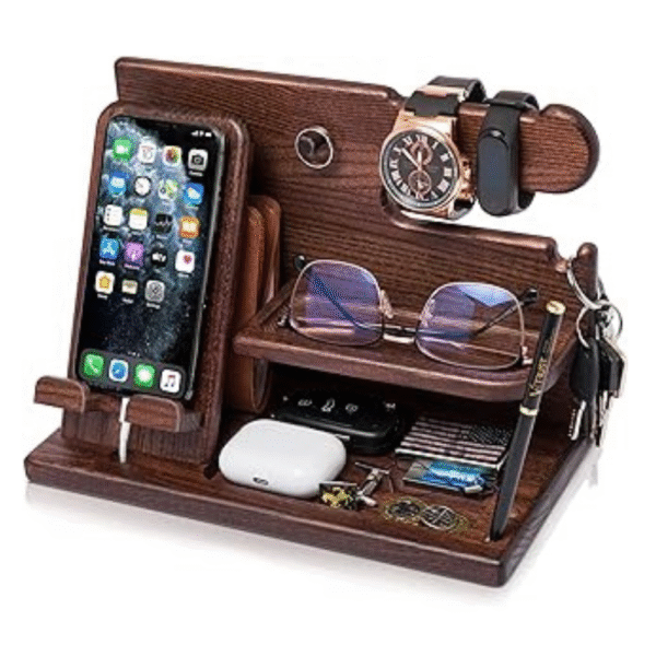 TESLYAR Wood Phone Docking Station Ash Key Holder Stand Watch Organizer Men Gift