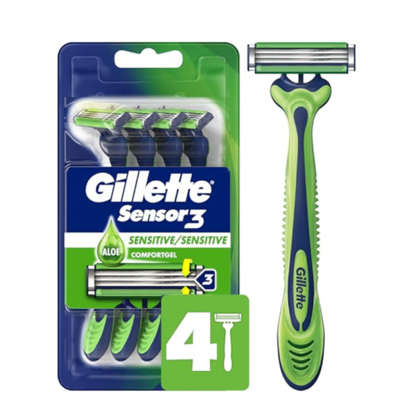 Gillette Sensor3 Sensitive Men's Disposable Razor, 4 Razors
